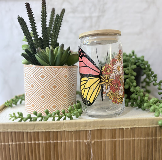 Butterfly Libbey Glass Cup with Glass Straw