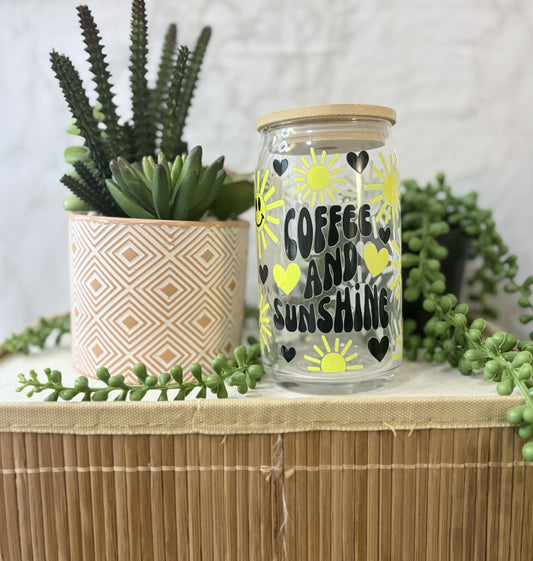 "Coffee and Sunshine" Libbey Glass Cup with Glass Straw