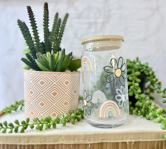 Boho Rainbow + Flowers- Libbey Glass with Glass Straw