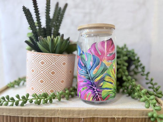 Watercolor Palm Leaves- Libbey Glass Cup with Glass Straw